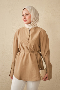 Önü Çoban Düğmeli Bel Bağlamalı Tunik Vizon