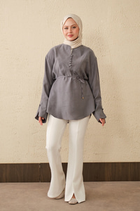 Önü Çoban Düğmeli Bel Bağlamalı Tunik Gri