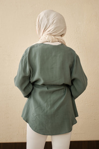 Önü Çoban Düğmeli Bel Bağlamalı Tunik Mint Yeşil