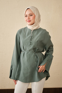 Önü Çoban Düğmeli Bel Bağlamalı Tunik Mint Yeşil