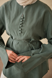 Önü Çoban Düğmeli Bel Bağlamalı Tunik Mint Yeşil