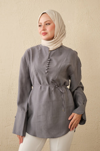 Önü Çoban Düğmeli Bel Bağlamalı Tunik Gri