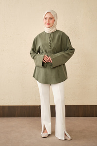 Önü Çoban Düğmeli Bel Bağlamalı Tunik Haki Yeşil