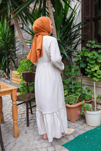 Önü Dantel Detay Elbise Krem