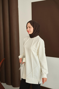 Önü Dikiş Detay Tunik Beyaz