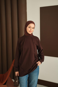 Önü Dikiş Detay Tunik Kahverengi