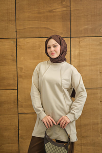 Önü Dikiş Detay Tunik Krem