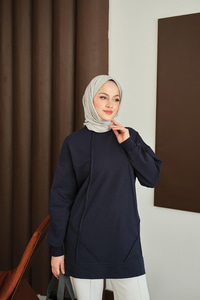 Önü Dikiş Detay Tunik Lacivert