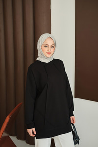 Önü Dikiş Detay Tunik Siyah