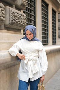 Önü Drape Detay Poplin Gömlek Beyaz