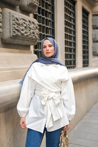 Önü Drape Detay Poplin Gömlek Beyaz