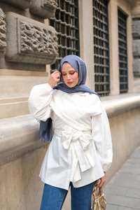 Önü Drape Detay Poplin Gömlek Beyaz