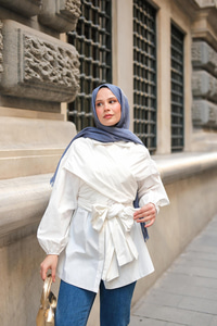 Önü Drape Detay Poplin Gömlek Beyaz