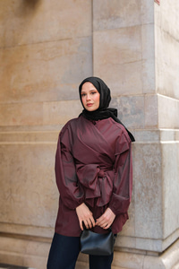 Önü Drape Detay Poplin Gömlek Bordo