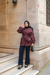 Önü Drape Detay Poplin Gömlek Bordo