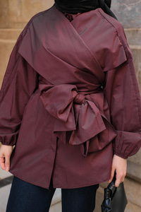 Önü Drape Detay Poplin Gömlek Bordo