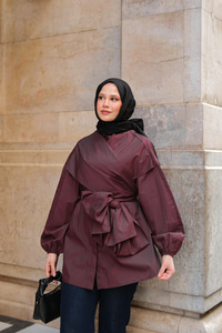 Önü Drape Detay Poplin Gömlek Bordo