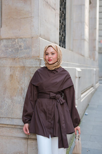 Önü Drape Detay Poplin Gömlek Kahverengi