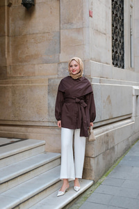 Önü Drape Detay Poplin Gömlek Kahverengi