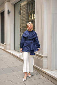 Önü Drape Detay Poplin Gömlek Lacivert