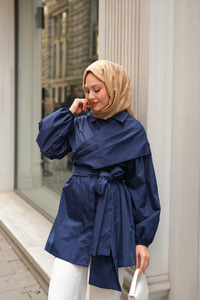 Önü Drape Detay Poplin Gömlek Lacivert