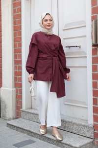 Önü Drape Detay Poplin Gömlek Mürdüm