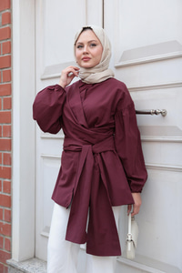 Önü Drape Detay Poplin Gömlek Mürdüm