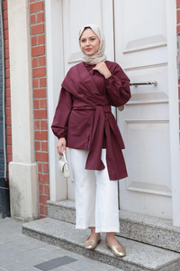 Önü Drape Detay Poplin Gömlek Mürdüm