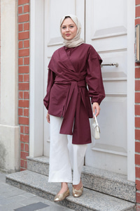 Önü Drape Detay Poplin Gömlek Mürdüm