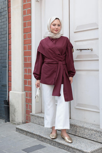 Önü Drape Detay Poplin Gömlek Mürdüm