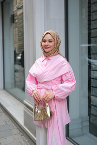 Önü Drape Detay Poplin Gömlek Pembe