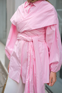 Önü Drape Detay Poplin Gömlek Pembe