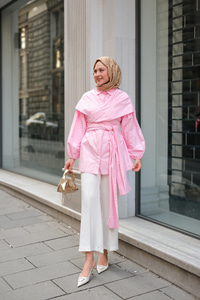 Önü Drape Detay Poplin Gömlek Pembe