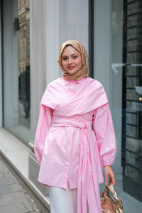 Önü Drape Detay Poplin Gömlek Pembe