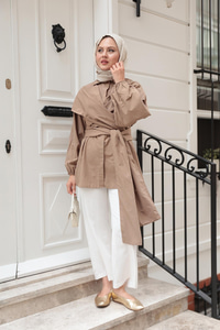 Önü Drape Detay Poplin Gömlek Vizon