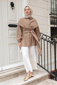 Önü Drape Detay Poplin Gömlek Vizon