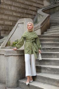 Önü Drape Detay Poplin Gömlek Yeşil