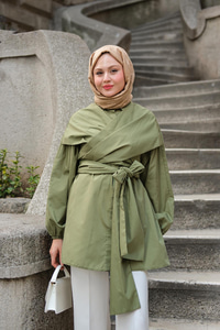 Önü Drape Detay Poplin Gömlek Yeşil