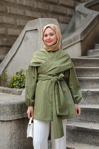 Önü Drape Detay Poplin Gömlek Yeşil