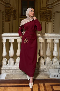 Önü Drapeli Krep Elbise  Bordo