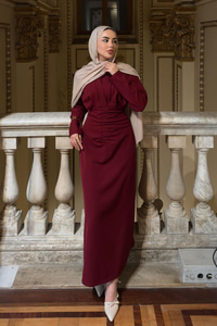 Önü Drapeli Krep Elbise  Bordo