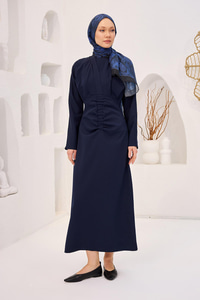 Önü Drapeli Krep Elbise  Lacivert