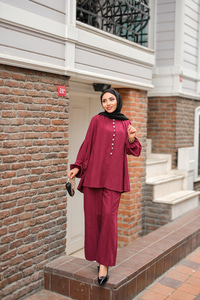 Önü Düğme Detaylı İkili Takım Bordo