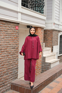 Önü Düğme Detaylı İkili Takım Bordo