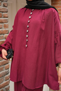 Önü Düğme Detaylı İkili Takım Bordo