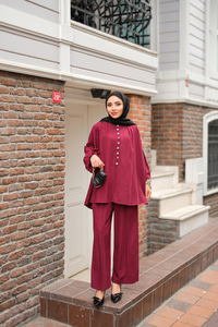 Önü Düğme Detaylı İkili Takım Bordo