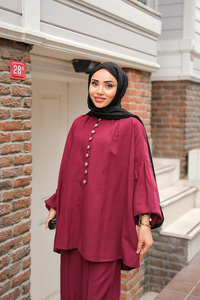 Önü Düğme Detaylı İkili Takım Bordo