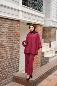 Önü Düğme Detaylı İkili Takım Bordo
