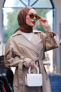 Önü Düğmeli Kemelerli Trenç Vizon