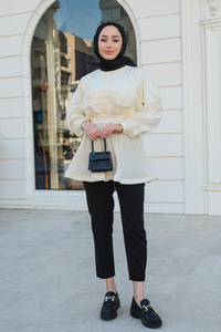 Önü Düğmeli Plise Detay Tunik Krem